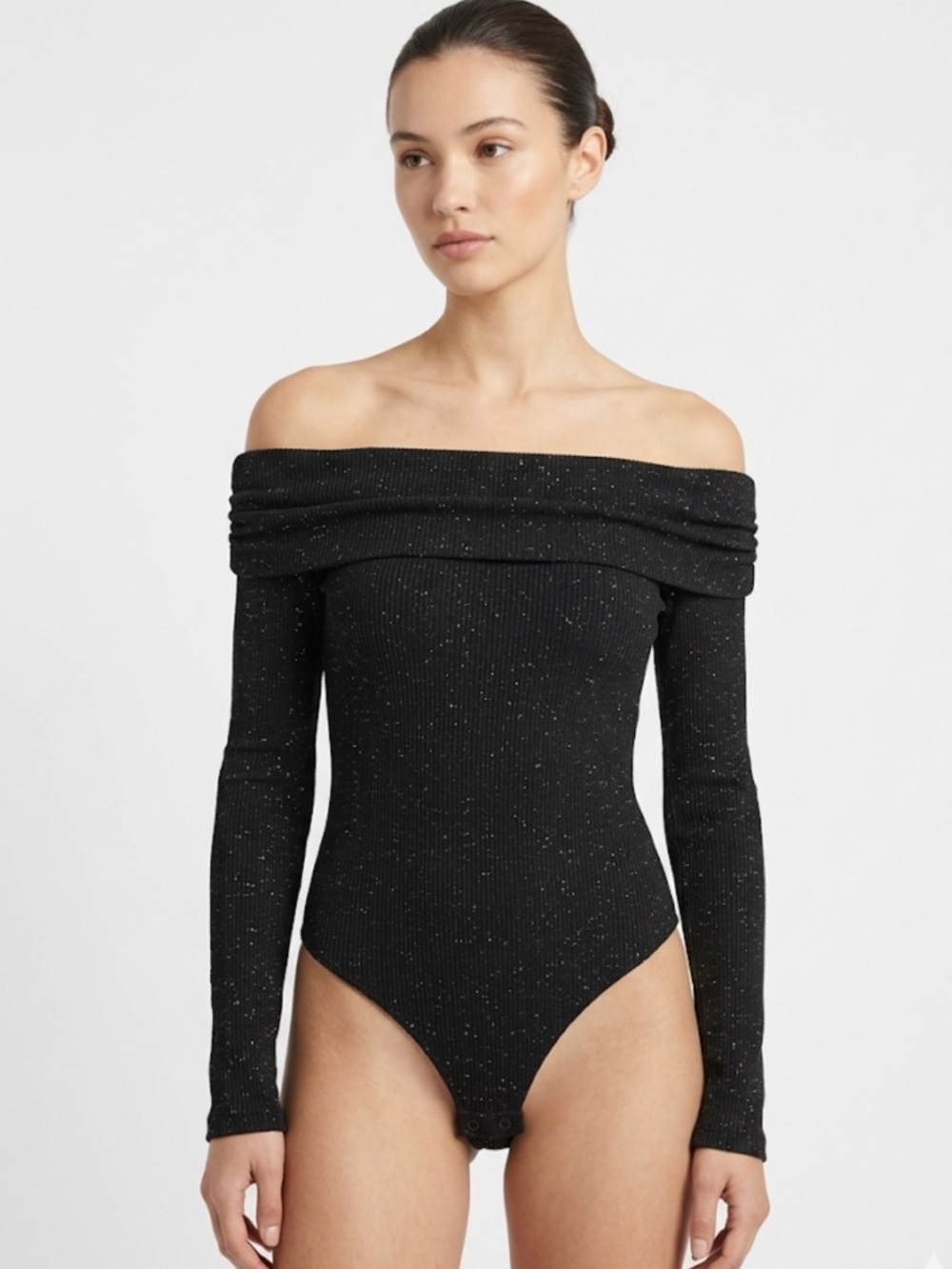 Ardene Black Glitter Off-Shoulder Bodysuit Size XS| Glam Night Out Sparkle Fit